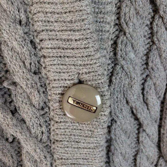 ST. JOHN Wool Blend Sweater Cardigan Fringe Soft Cable Knit Taupe Gray size M - Picture 13 of 15